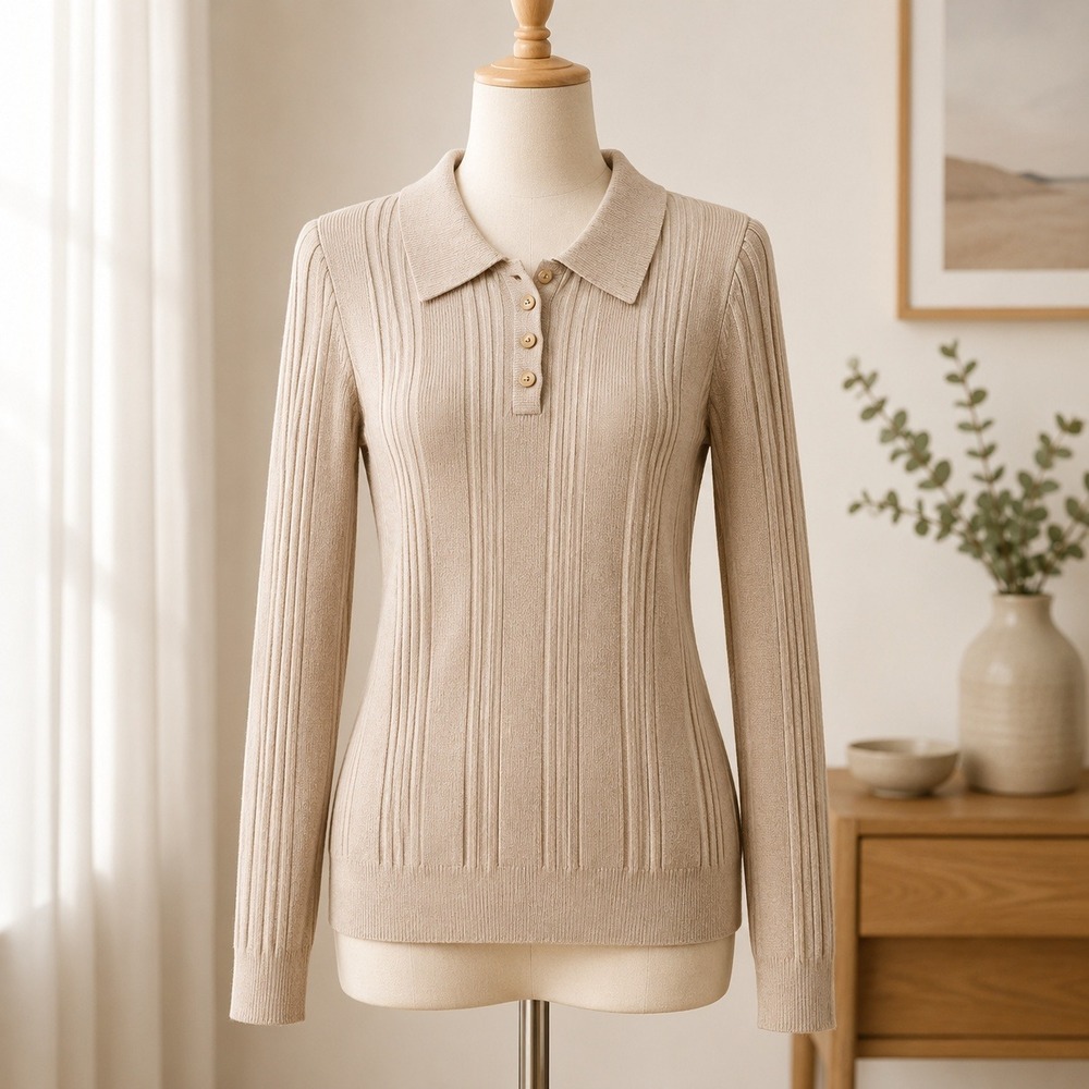 NWT Cupshe Ribbed Knit Polo Sweater Womens‎ Large Taupe Brown Long Sleeve Top